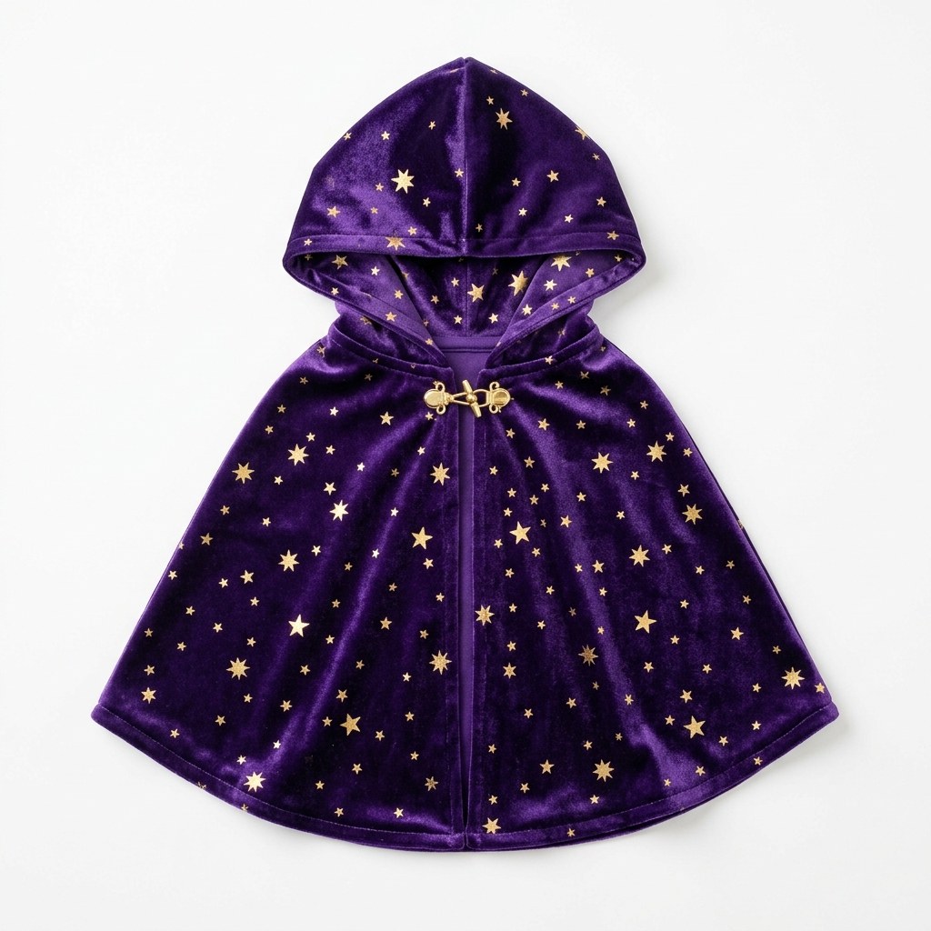 Wizard cloak: velvet hooded cloak with a star print, tied at the neck