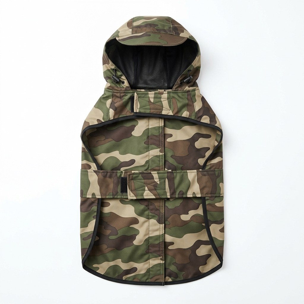 Camouflage-print hooded raincoat